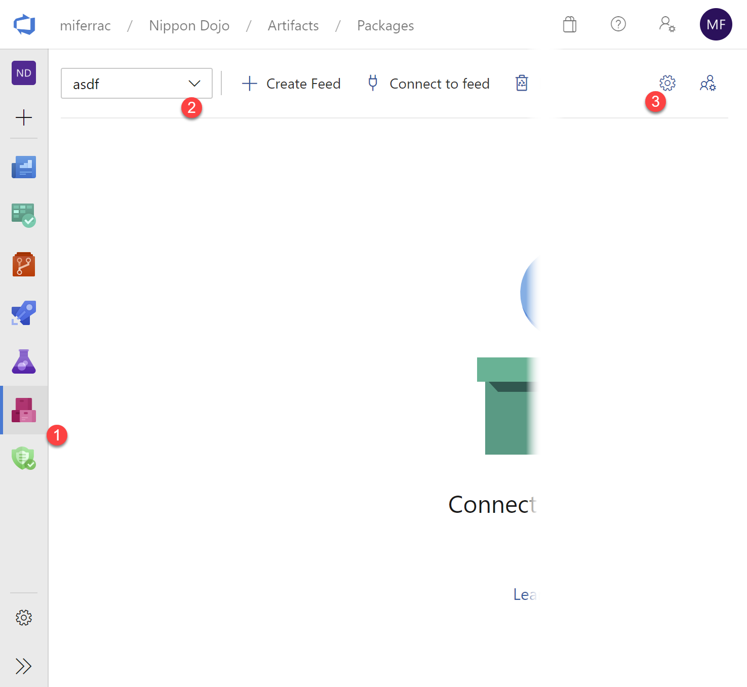 Azure DevOps Artifact feed section with numbered steps to achieve the result of the tutorial.